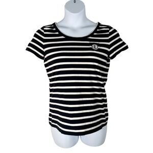 Ralph Lauren RL Active Black White Stripe Logo Tiny Pocket T Shirt Women Size L